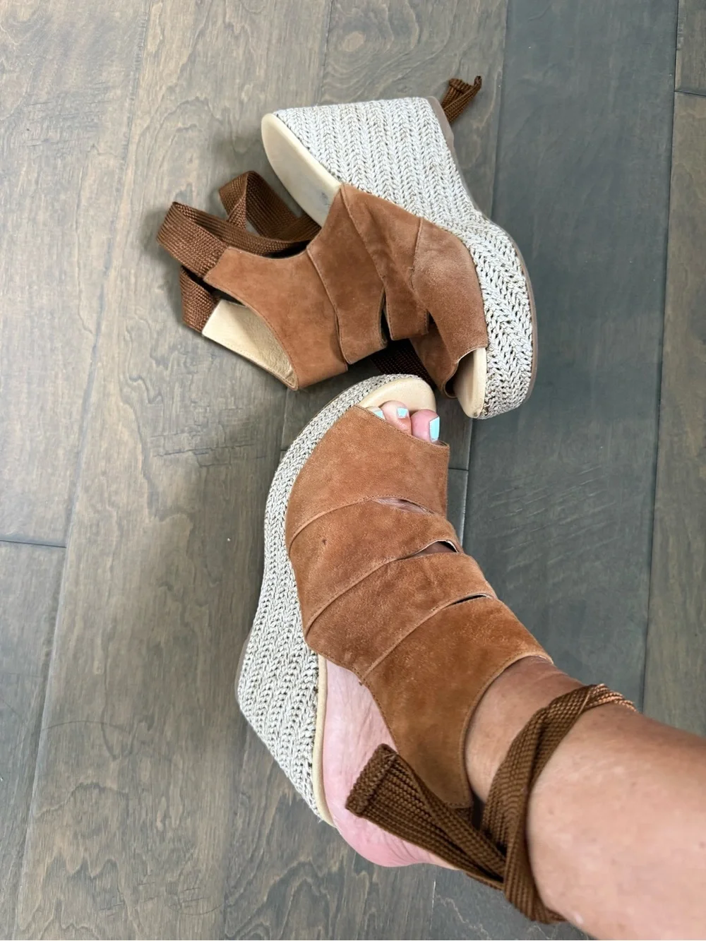 Tan Suede Wedge Espadrille Sandals with Wrap Ankle Straps